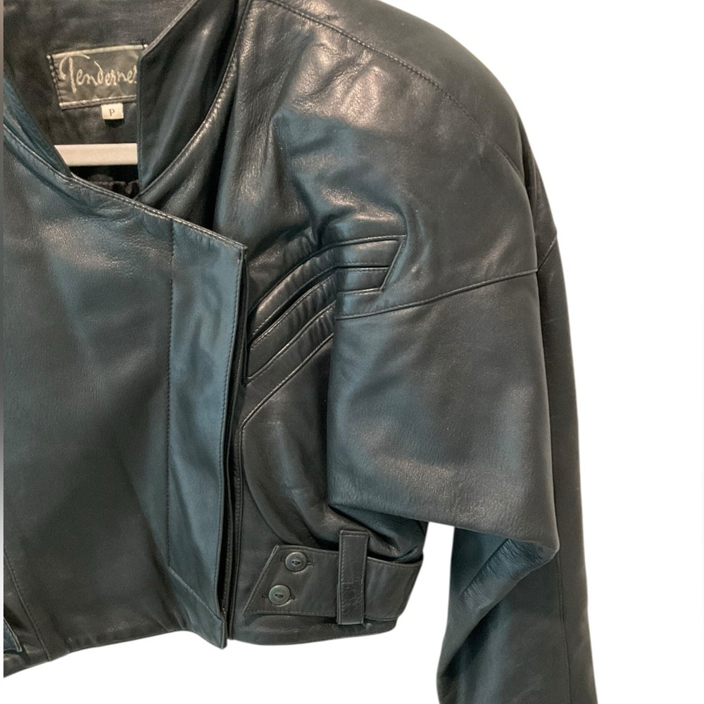 Vintage 70s Cropped Black Lamb Leather Moto Jacket Petite Small Soft Biker Chic - Picture 5 of 9